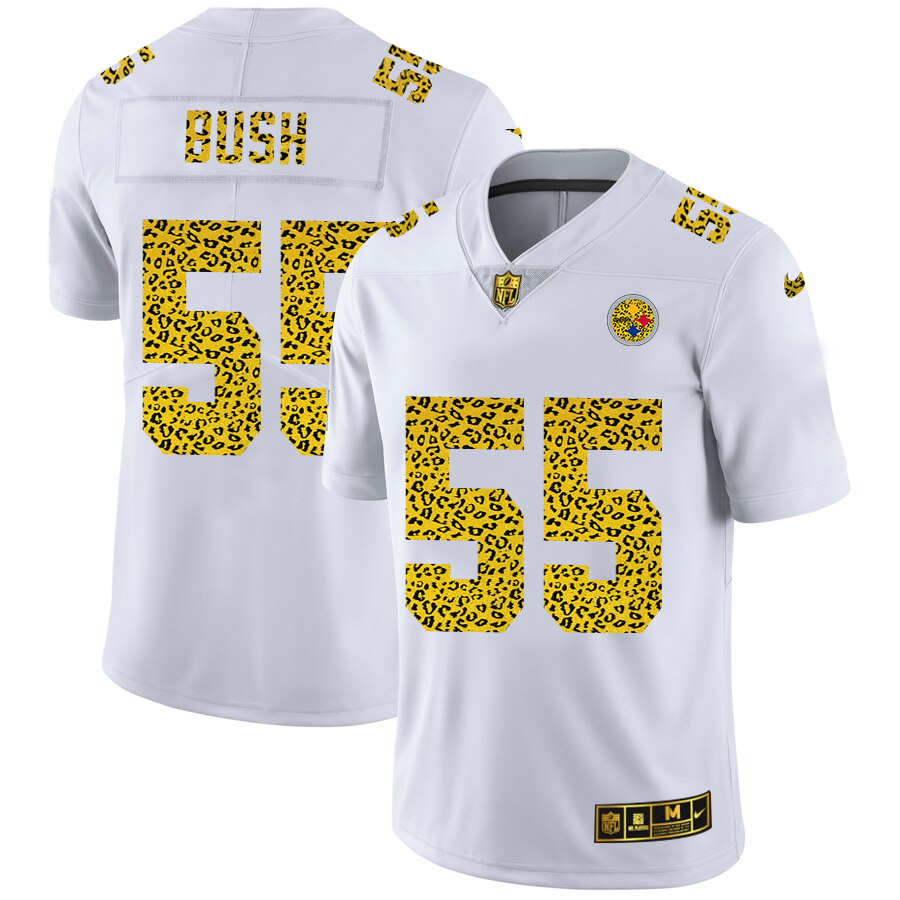 Custom Pittsburgh Steelers 55 Devin Bush Men Nike Flocked Leopard Print Vapor Limited NFL Jersey White